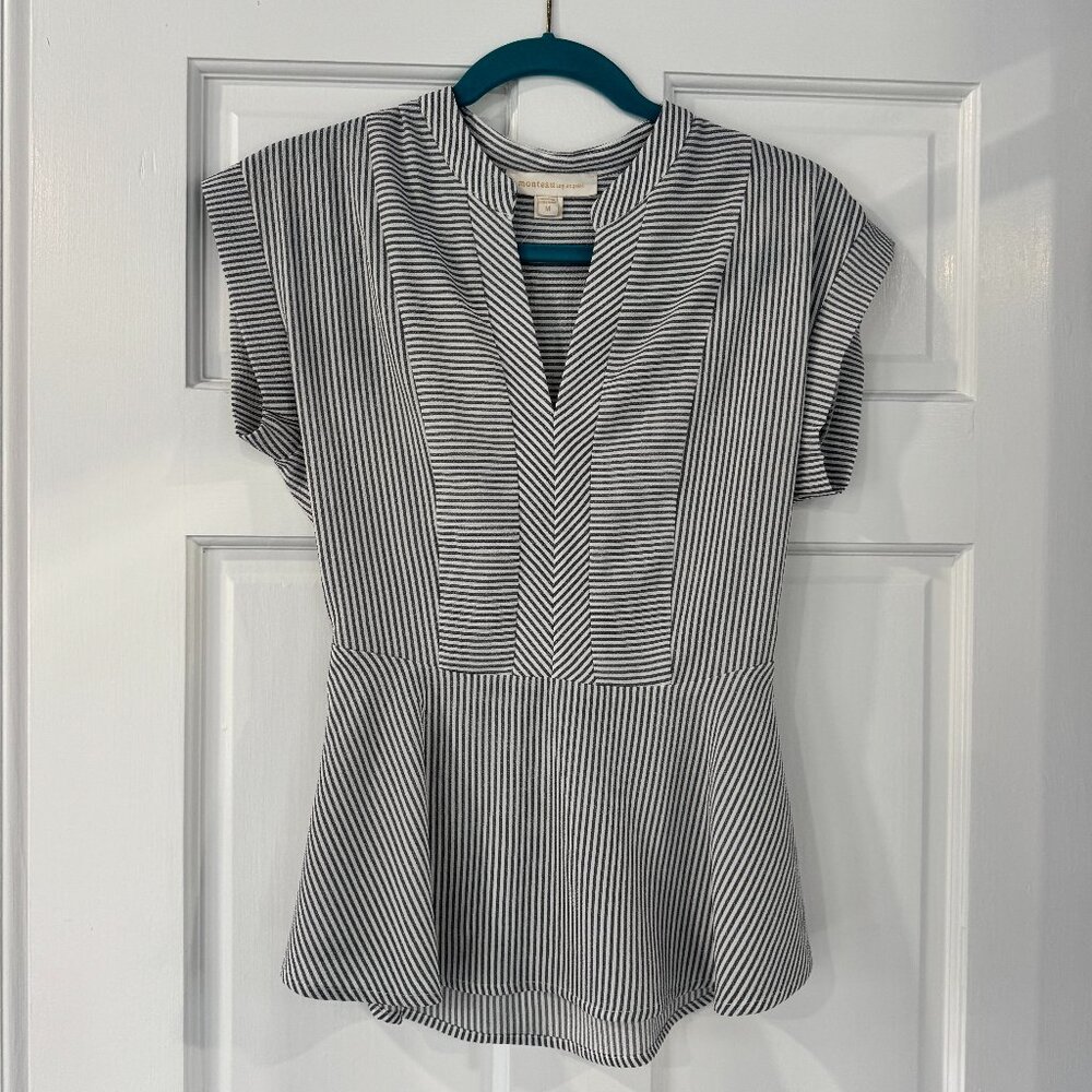 Monteau Striped Peplum Blouse Size M NWT Black White Cap Sleeve V-Neck Top